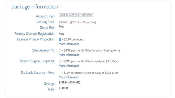 Bluehost plan info